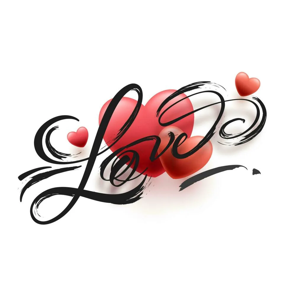 Love Calligraphy Written By Black Paintbrush With 3D Red Hearts On
