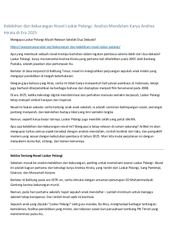 (PDF) Kelebihan dan Kekurangan Novel Laskar Pelangi: Analisis Mendalam